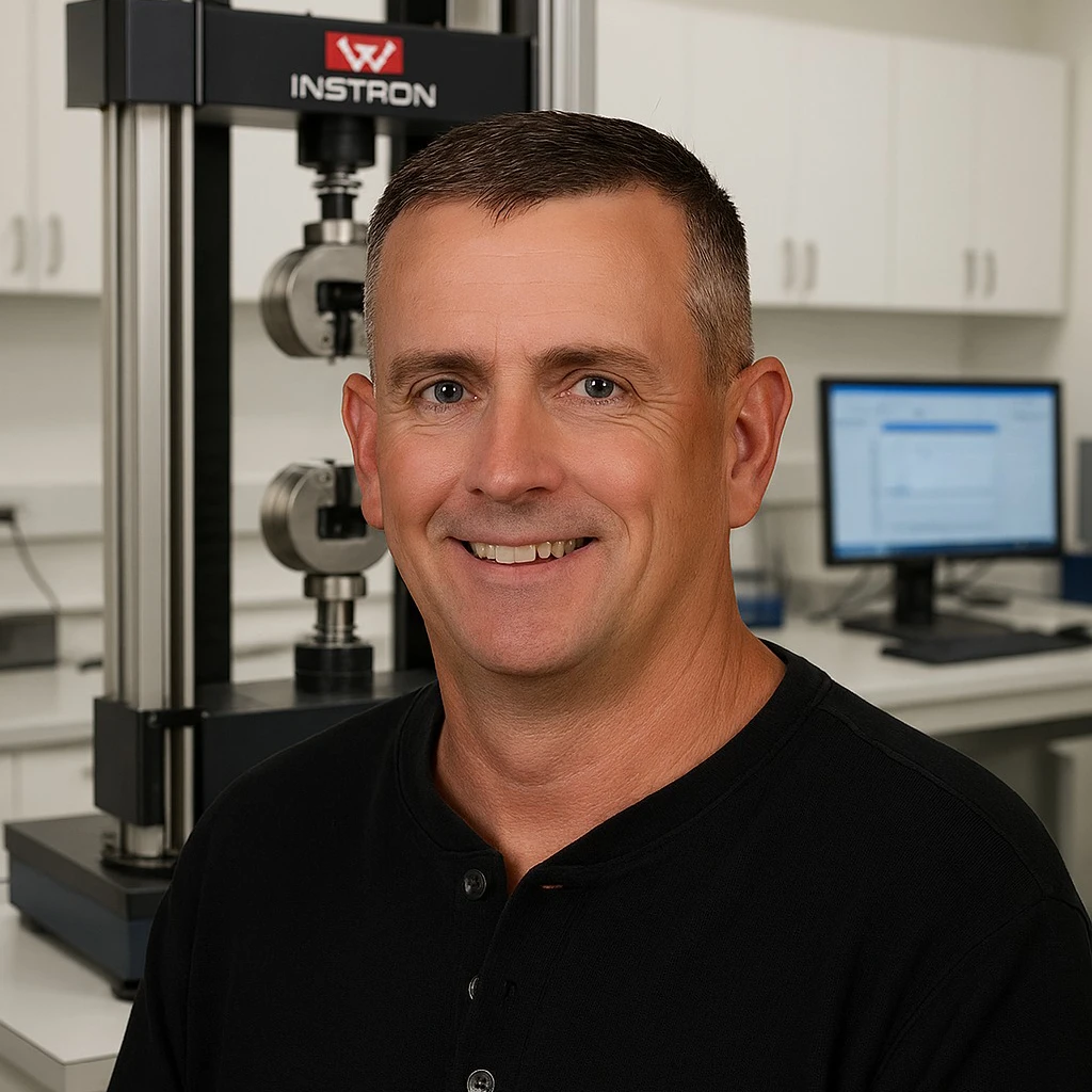 Ryan Cooper standing in front of equipment, wearing a black shirt, smiling at camera.